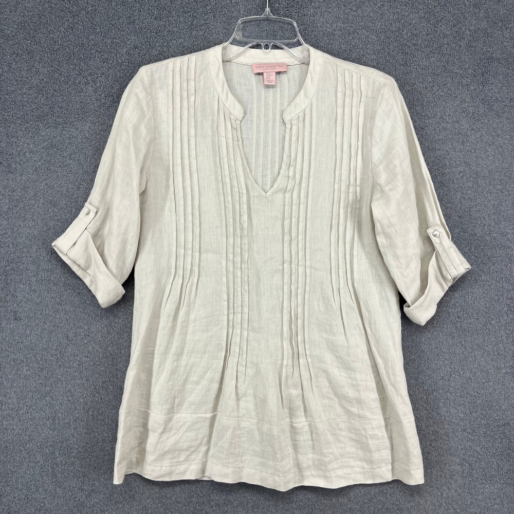 Saint Tropez West Top Women Medium Beige 100% Linen Pintuck Roll Tab Blouse